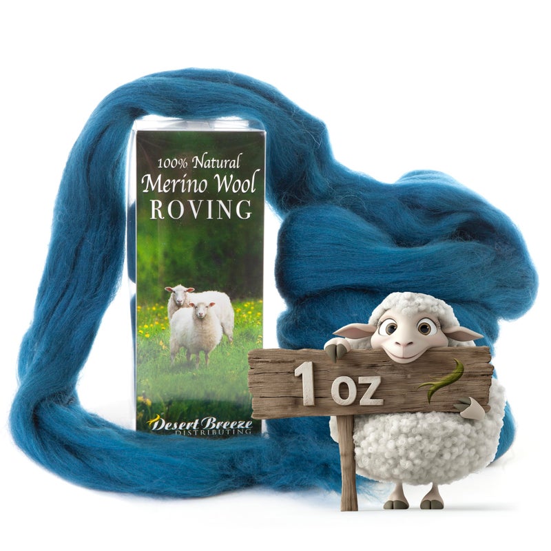 Desert Breeze Distributing 100% Natural Merino Wool Roving - Premium Combed Top Merino Roving Wool - Tapestry, Spinning, Wet Felting & Needle Felting Supplies - 21.5 Micron - 1 oz, Color Teal Blue - Image 1